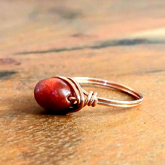 Upcycled Apple Coral Beaded Ring, Wire Wrapped, Copper, Size 9.5 - Picture 2 of 3
